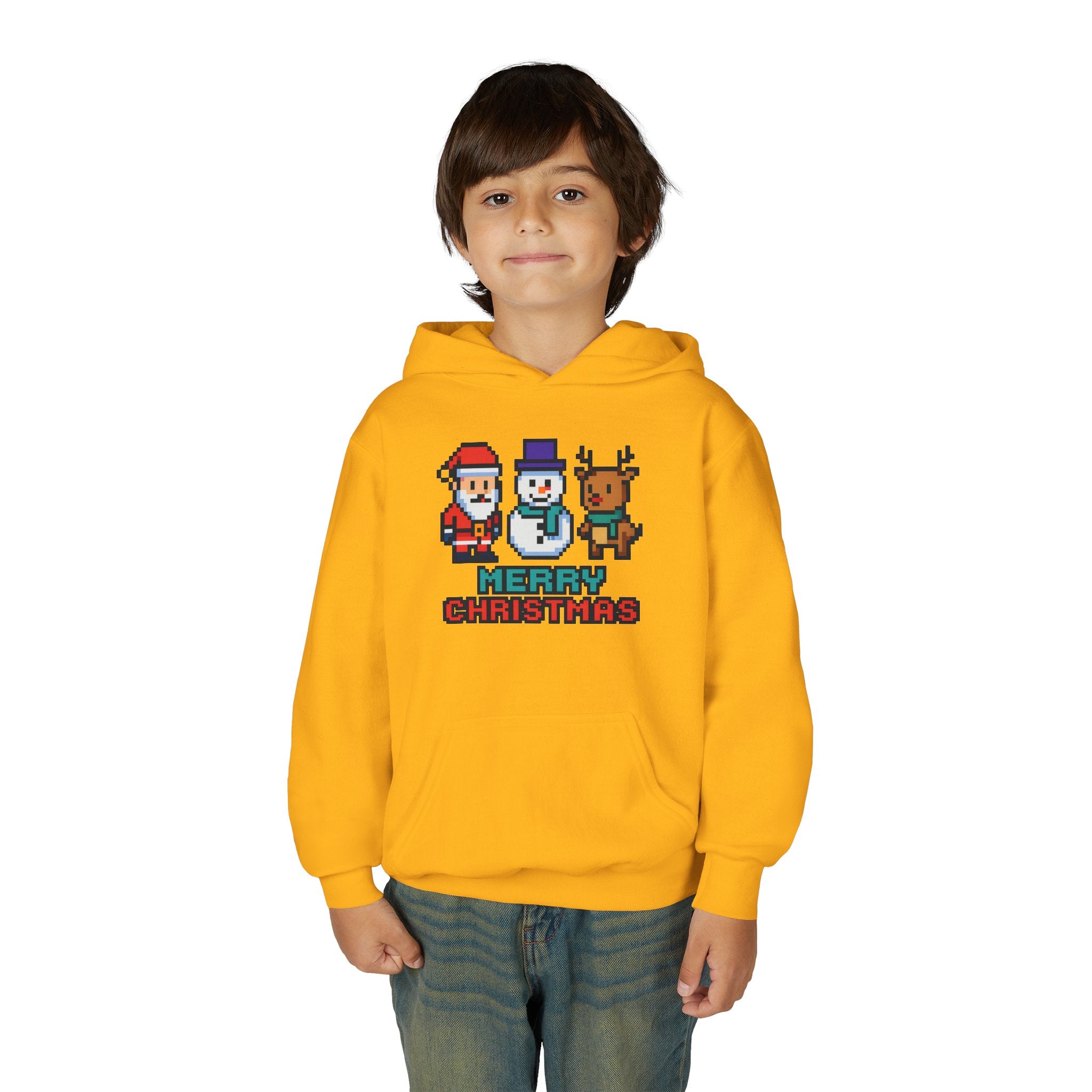 Youth Christmas Hoodie — Pixel Santa, Snowman & Reindeer "Merry Christmas"