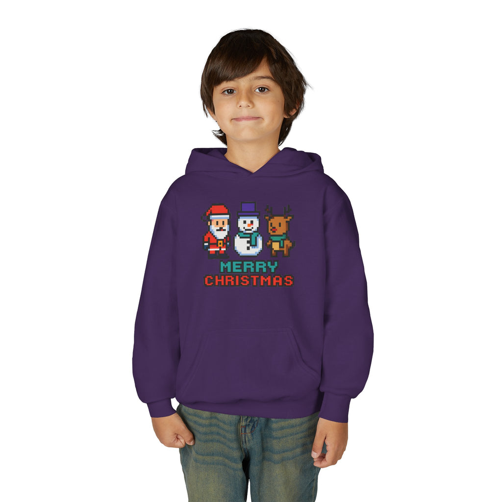 Youth Christmas Hoodie — Pixel Santa, Snowman & Reindeer "Merry Christmas"