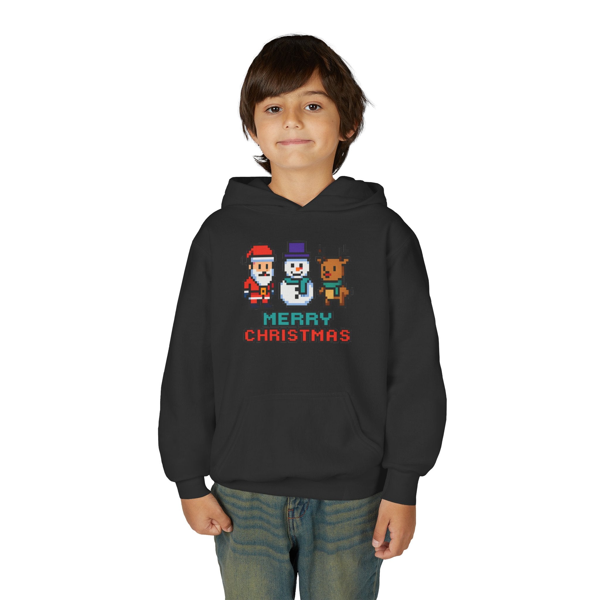 Youth Christmas Hoodie — Pixel Santa, Snowman & Reindeer "Merry Christmas"