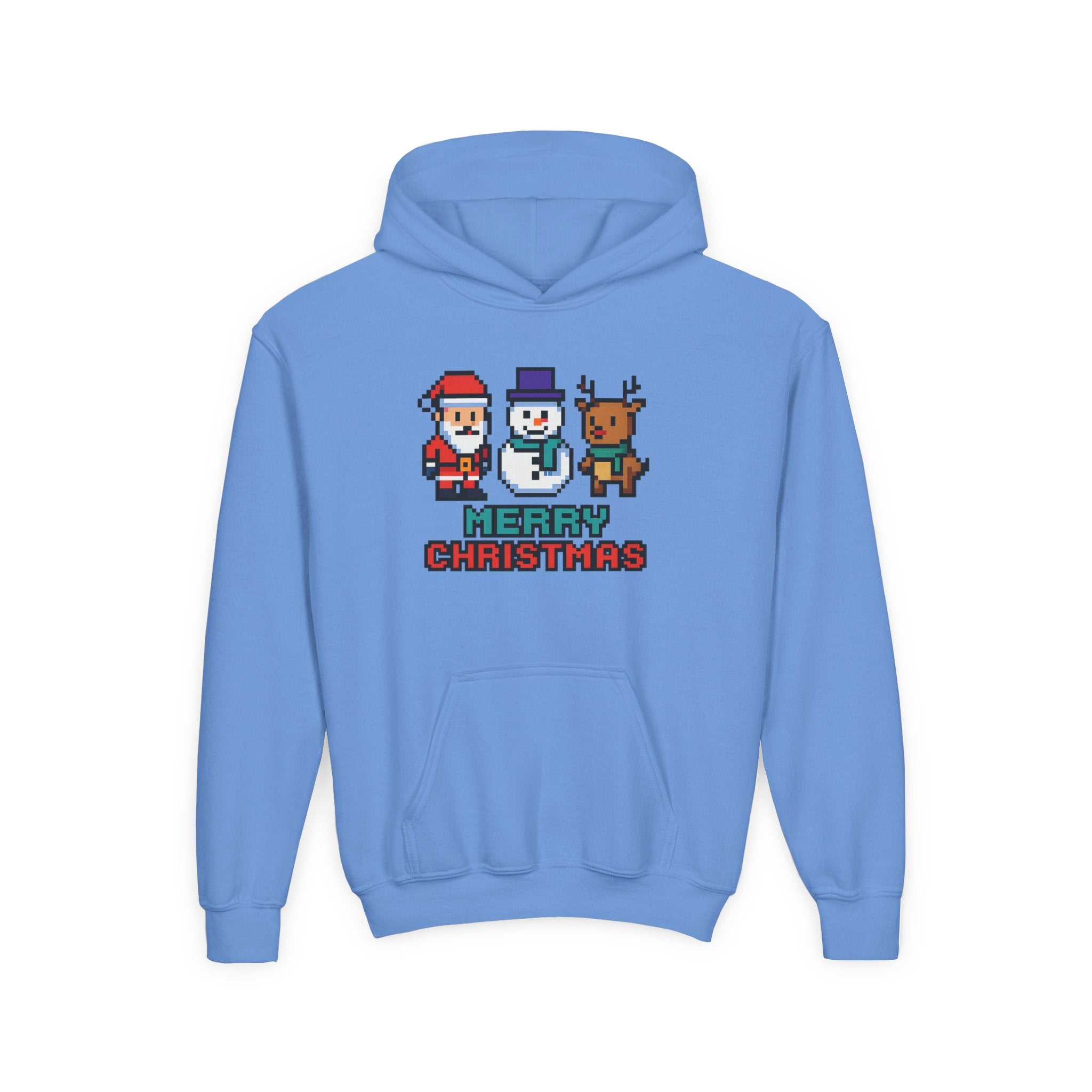 Youth Christmas Hoodie — Pixel Santa, Snowman & Reindeer "Merry Christmas"