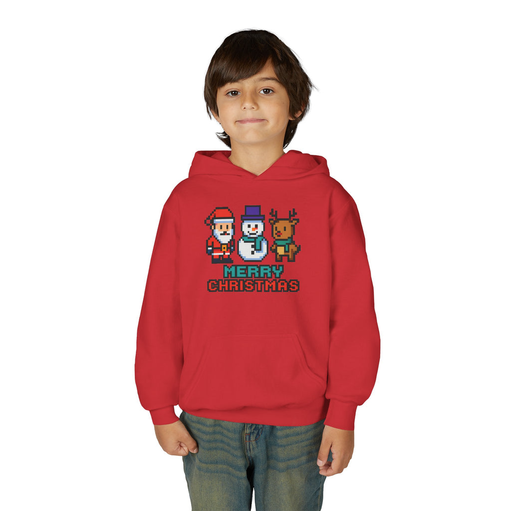 Youth Christmas Hoodie — Pixel Santa, Snowman & Reindeer "Merry Christmas"