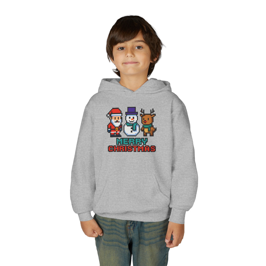 Youth Christmas Hoodie — Pixel Santa, Snowman & Reindeer "Merry Christmas"