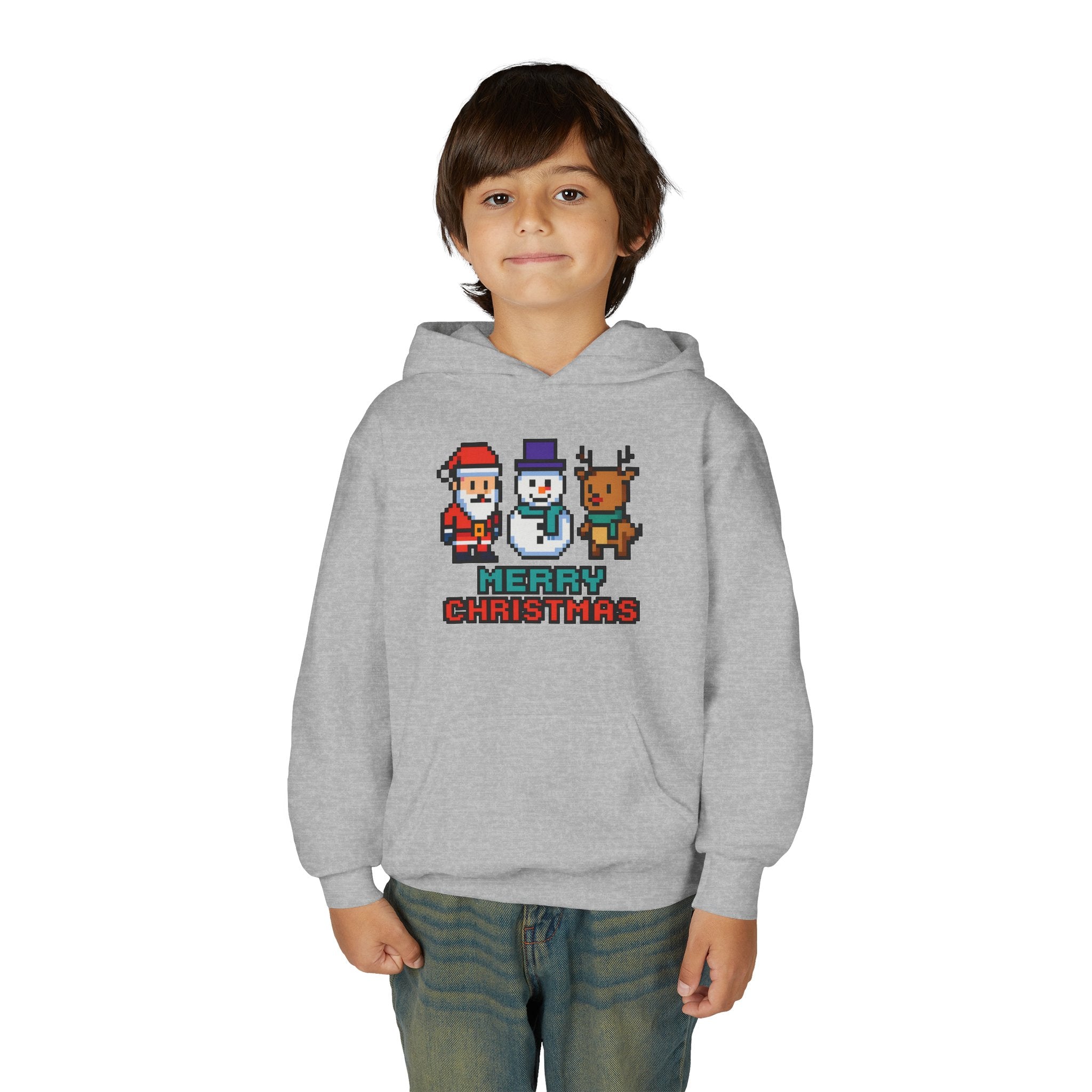 Youth Christmas Hoodie — Pixel Santa, Snowman & Reindeer "Merry Christmas"