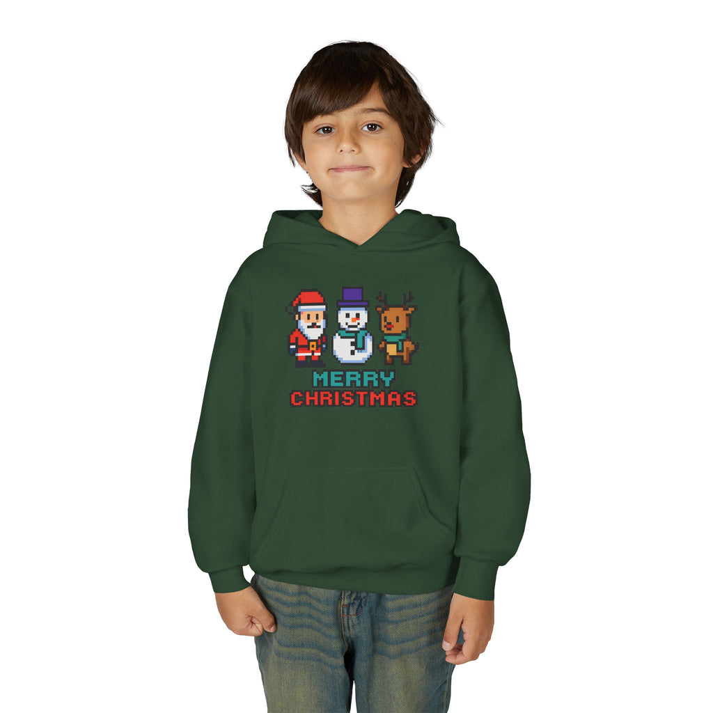 Youth Christmas Hoodie — Pixel Santa, Snowman & Reindeer "Merry Christmas"