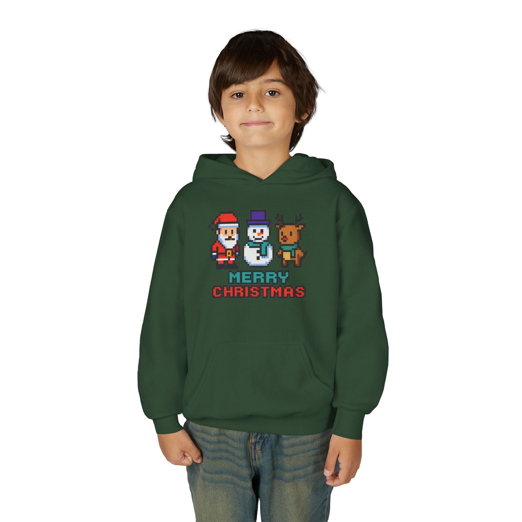 Youth Christmas Hoodie — Pixel Santa, Snowman & Reindeer "Merry Christmas"