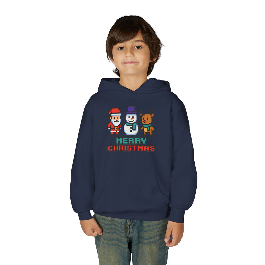 Youth Christmas Hoodie — Pixel Santa, Snowman & Reindeer "Merry Christmas"