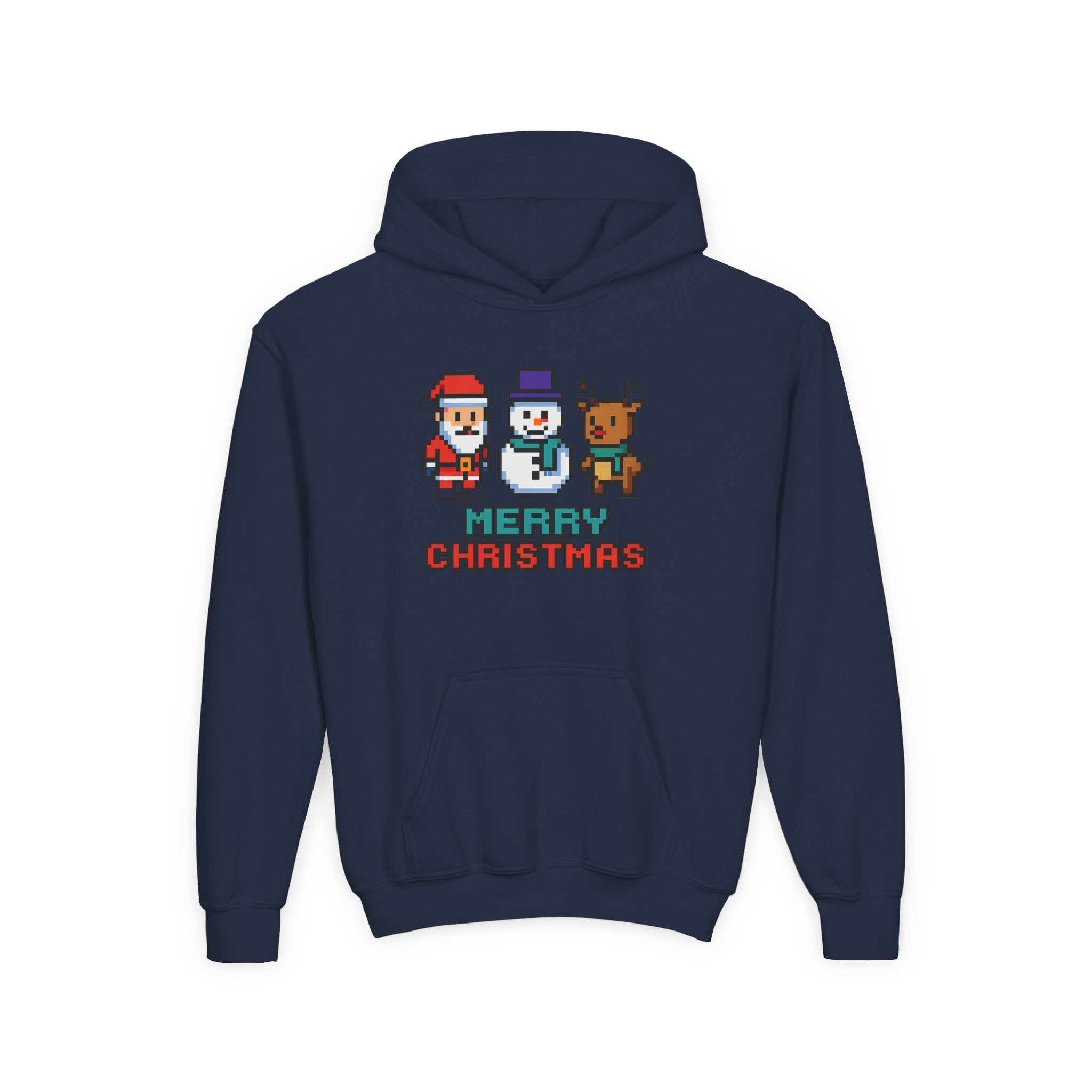 Youth Christmas Hoodie — Pixel Santa, Snowman & Reindeer "Merry Christmas"