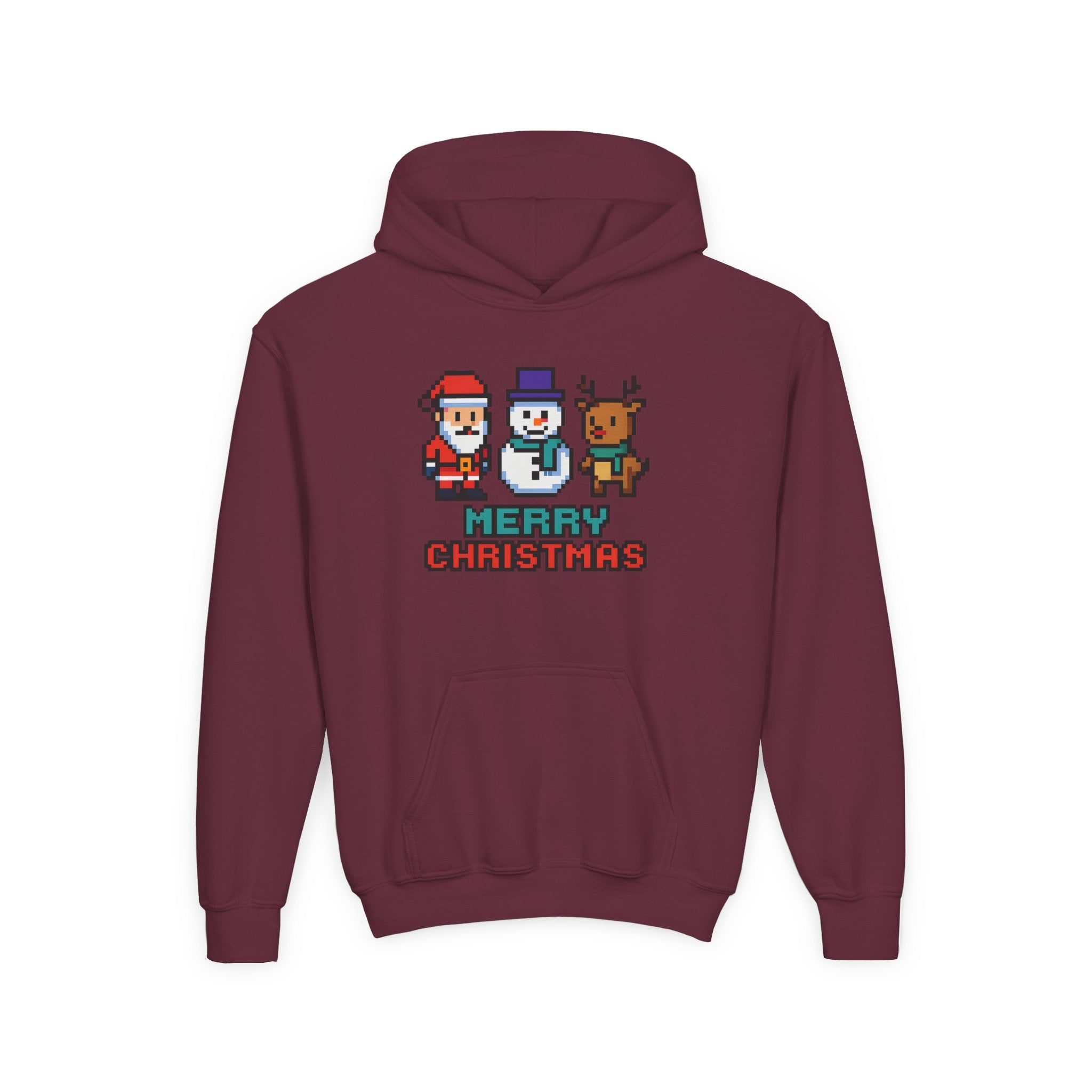 Youth Christmas Hoodie — Pixel Santa, Snowman & Reindeer "Merry Christmas"