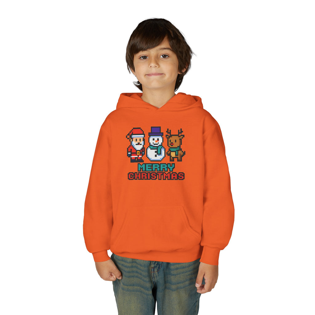 Youth Christmas Hoodie — Pixel Santa, Snowman & Reindeer "Merry Christmas"
