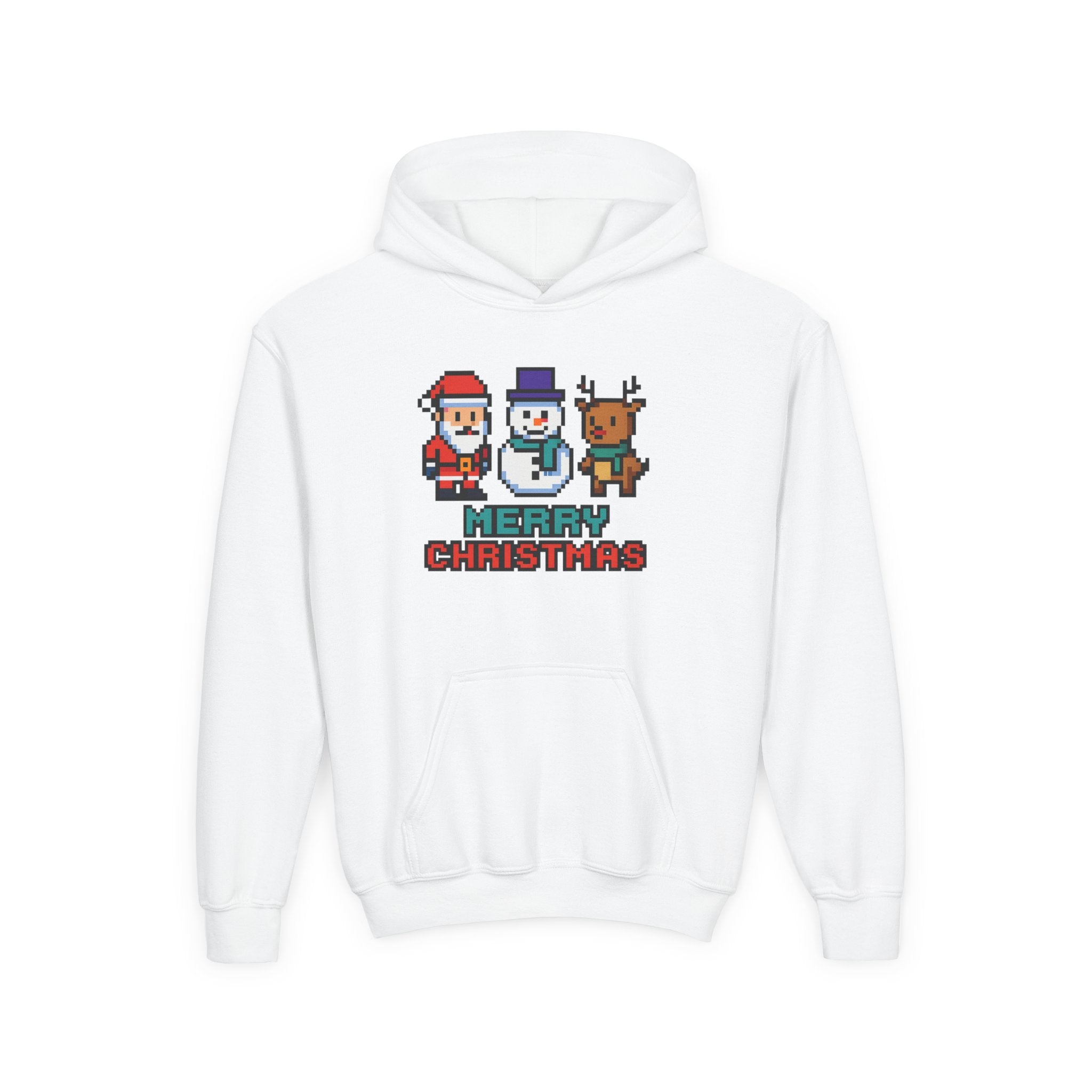 Youth Christmas Hoodie — Pixel Santa, Snowman & Reindeer "Merry Christmas"