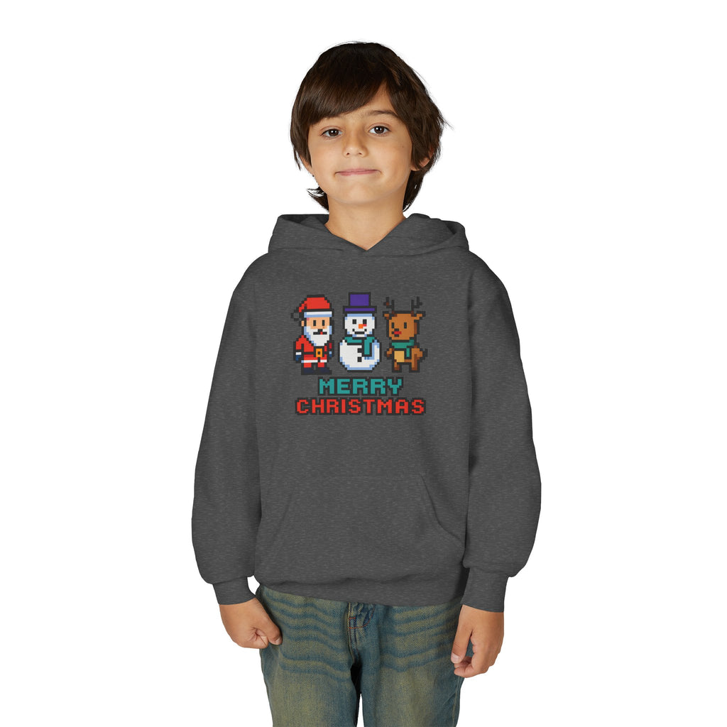 Youth Christmas Hoodie — Pixel Santa, Snowman & Reindeer "Merry Christmas"