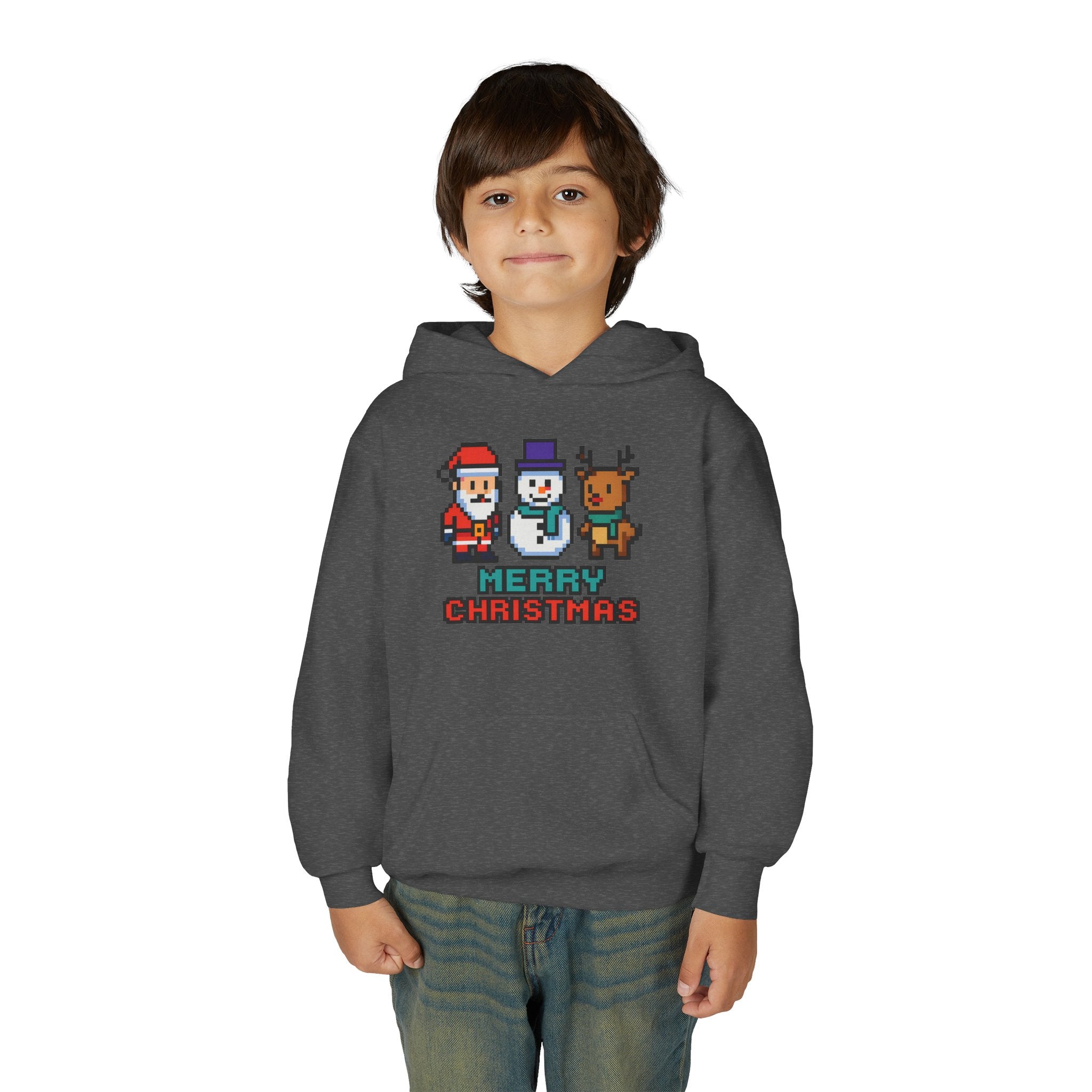 Youth Christmas Hoodie — Pixel Santa, Snowman & Reindeer "Merry Christmas"