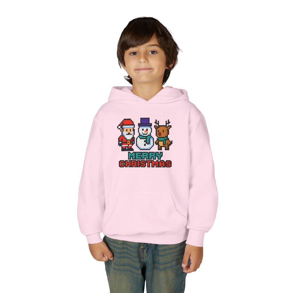 Youth Christmas Hoodie — Pixel Santa, Snowman & Reindeer "Merry Christmas"