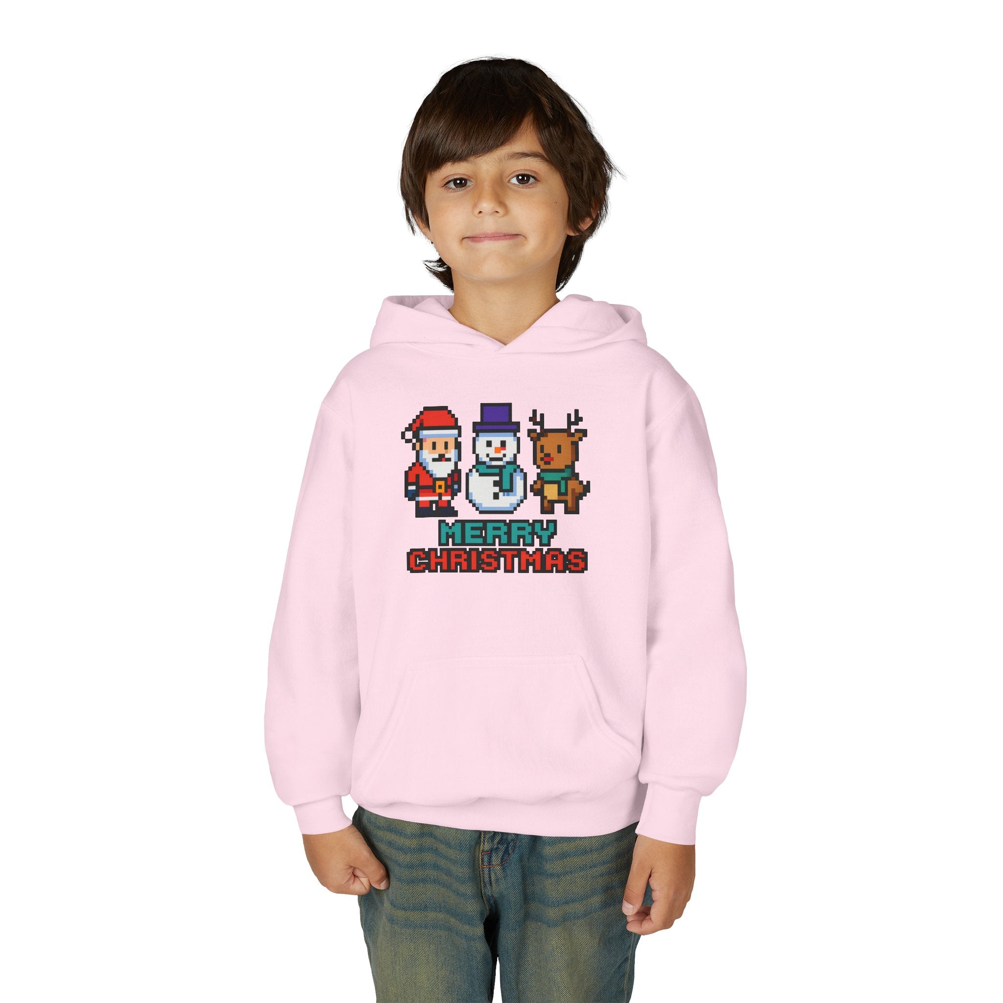 Youth Christmas Hoodie — Pixel Santa, Snowman & Reindeer "Merry Christmas"
