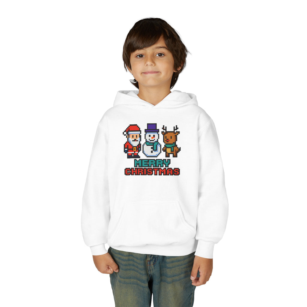 Youth Christmas Hoodie — Pixel Santa, Snowman & Reindeer "Merry Christmas"