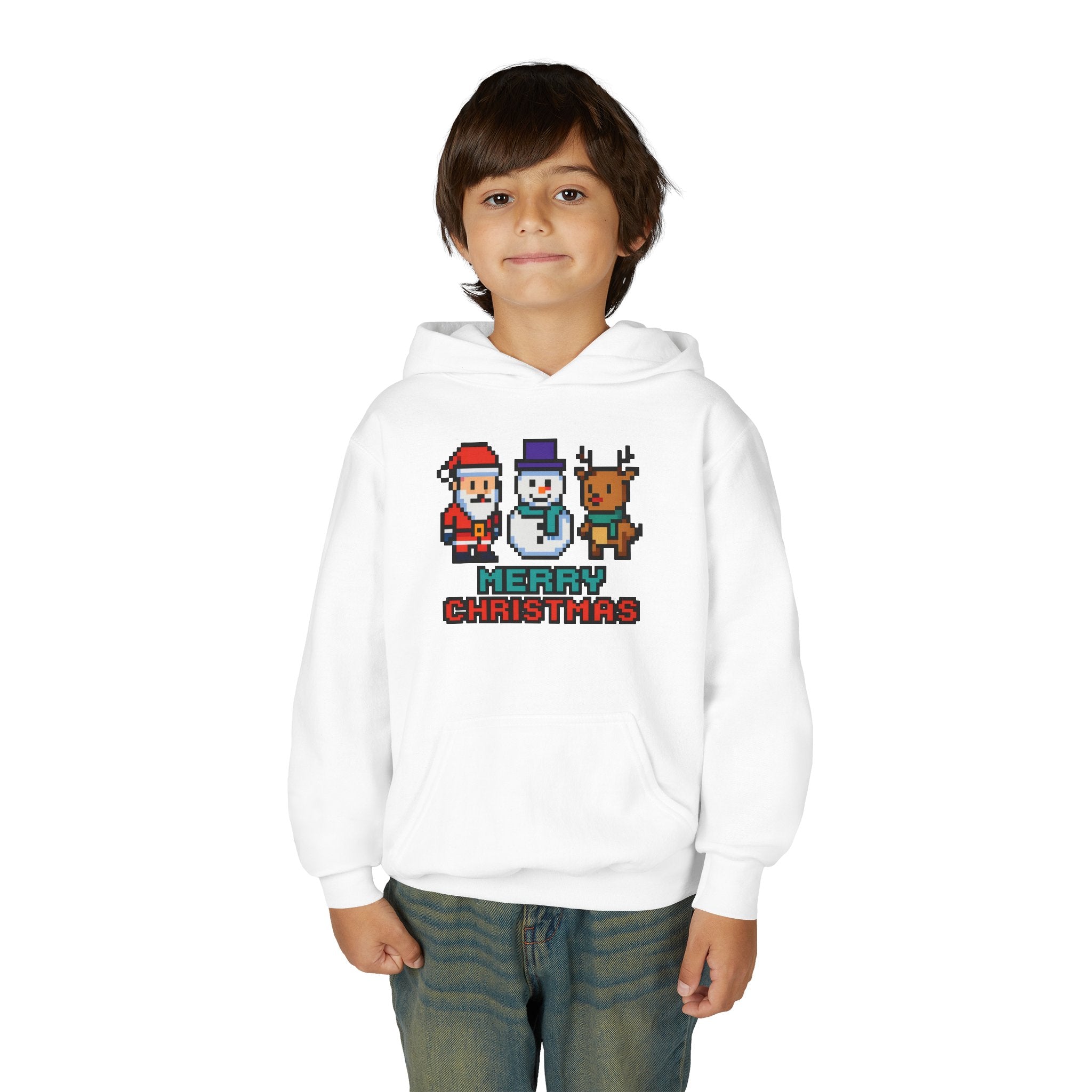 Youth Christmas Hoodie — Pixel Santa, Snowman & Reindeer "Merry Christmas"