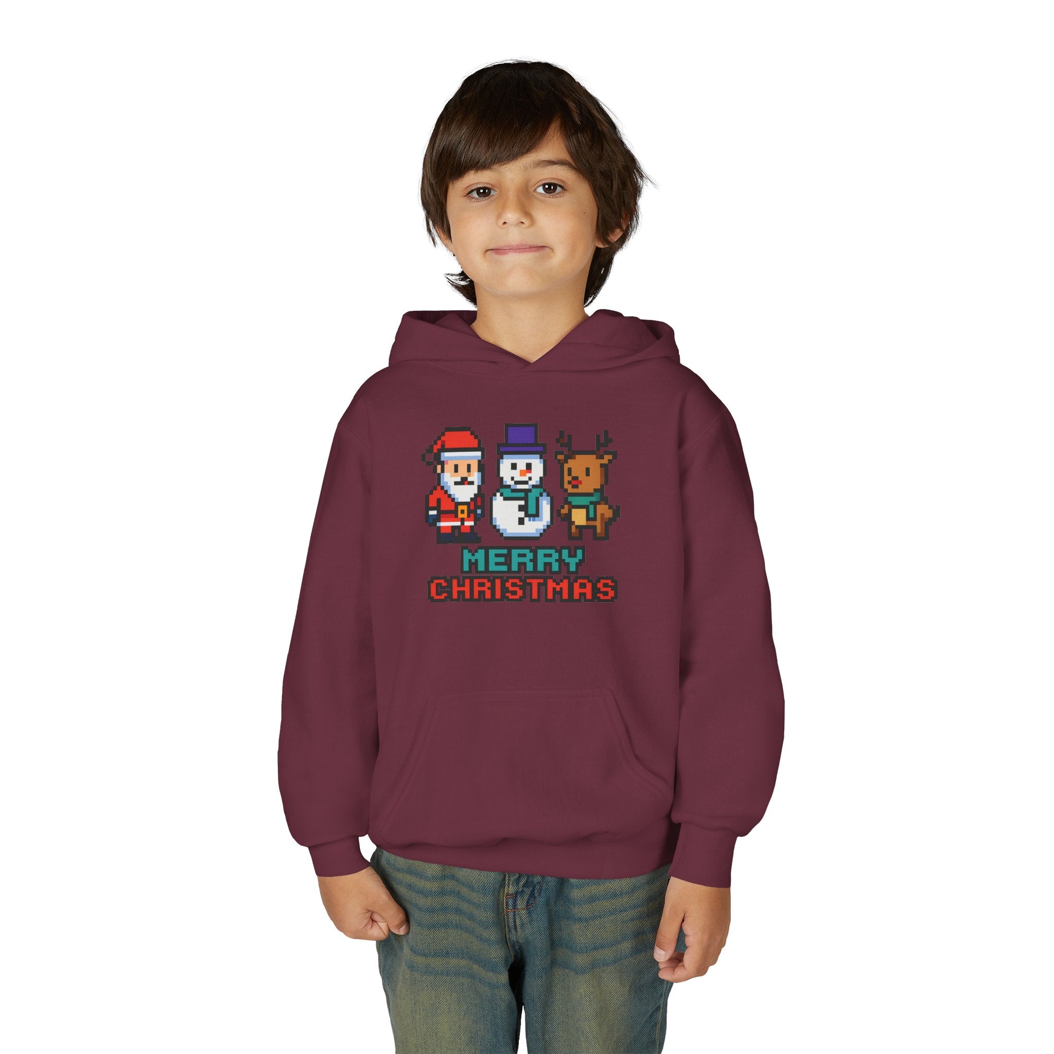 Youth Christmas Hoodie — Pixel Santa, Snowman & Reindeer "Merry Christmas"