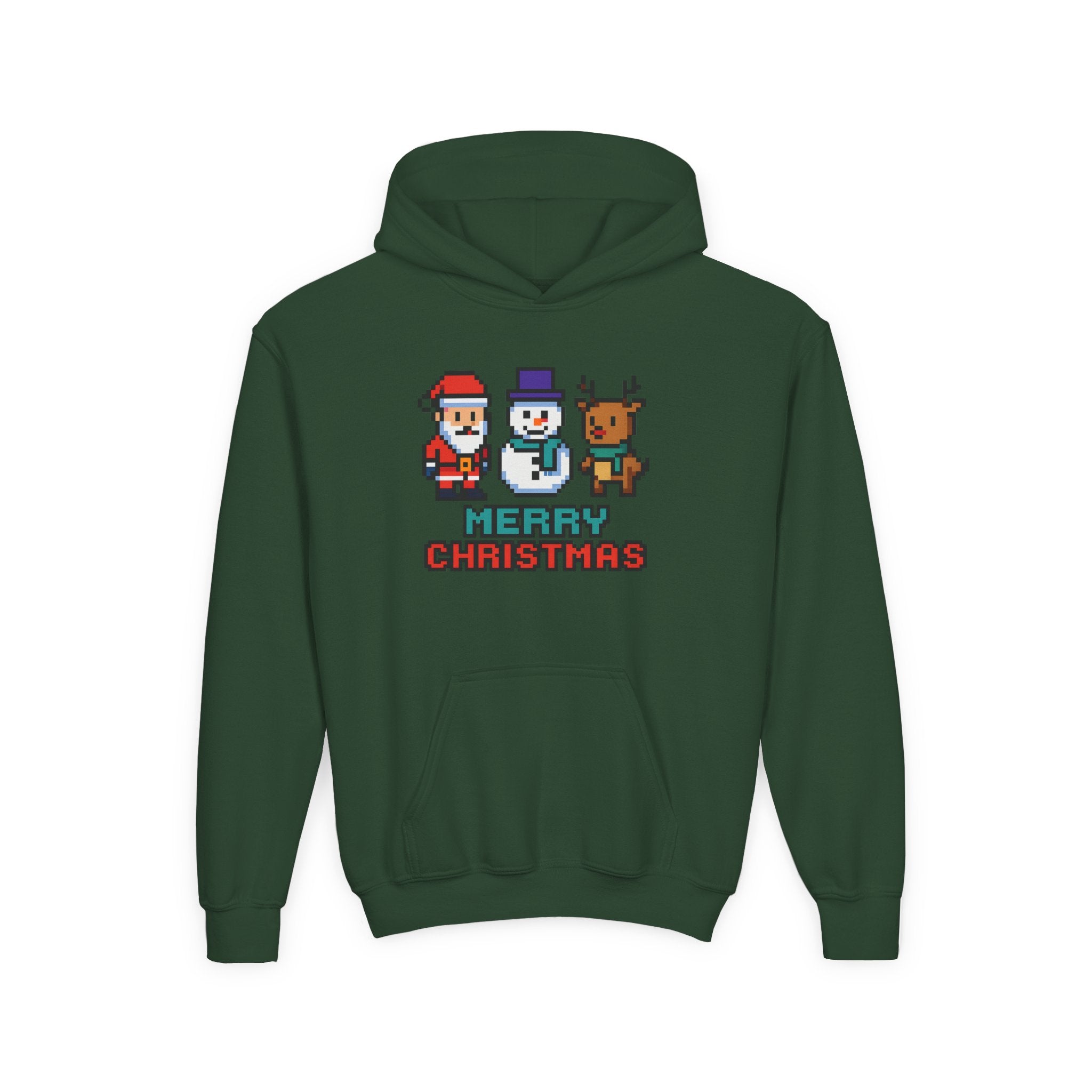 Youth Christmas Hoodie — Pixel Santa, Snowman & Reindeer "Merry Christmas"