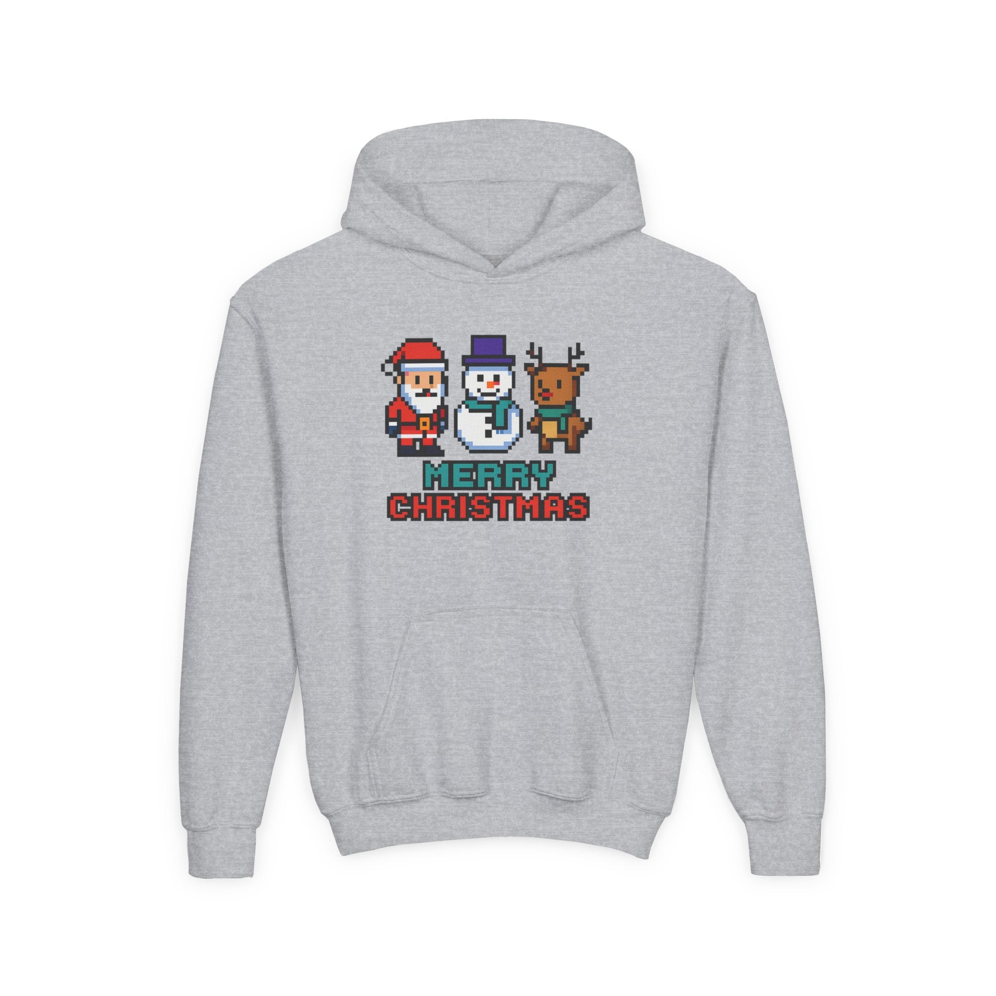 Youth Christmas Hoodie — Pixel Santa, Snowman & Reindeer "Merry Christmas"