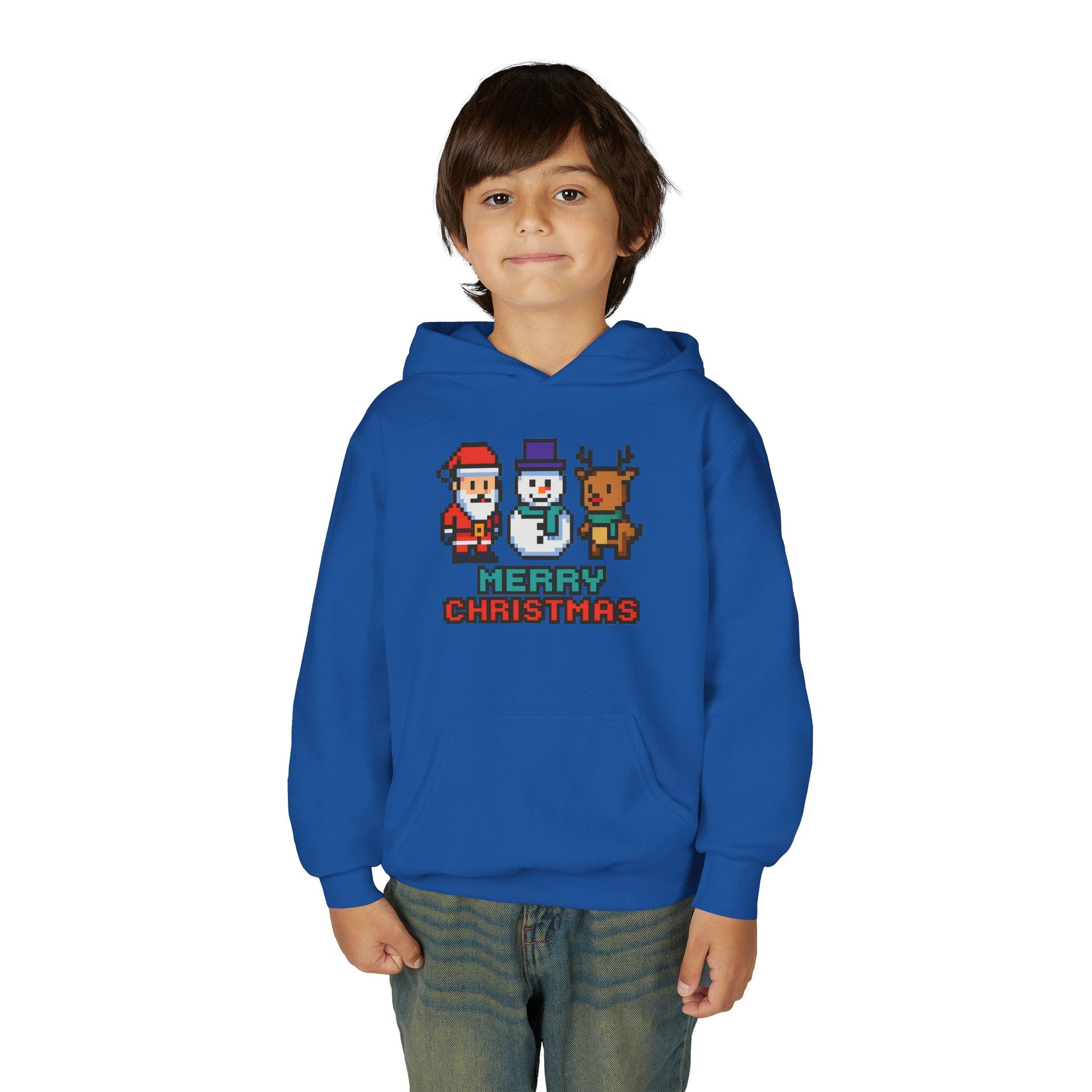 Youth Christmas Hoodie — Pixel Santa, Snowman & Reindeer "Merry Christmas"