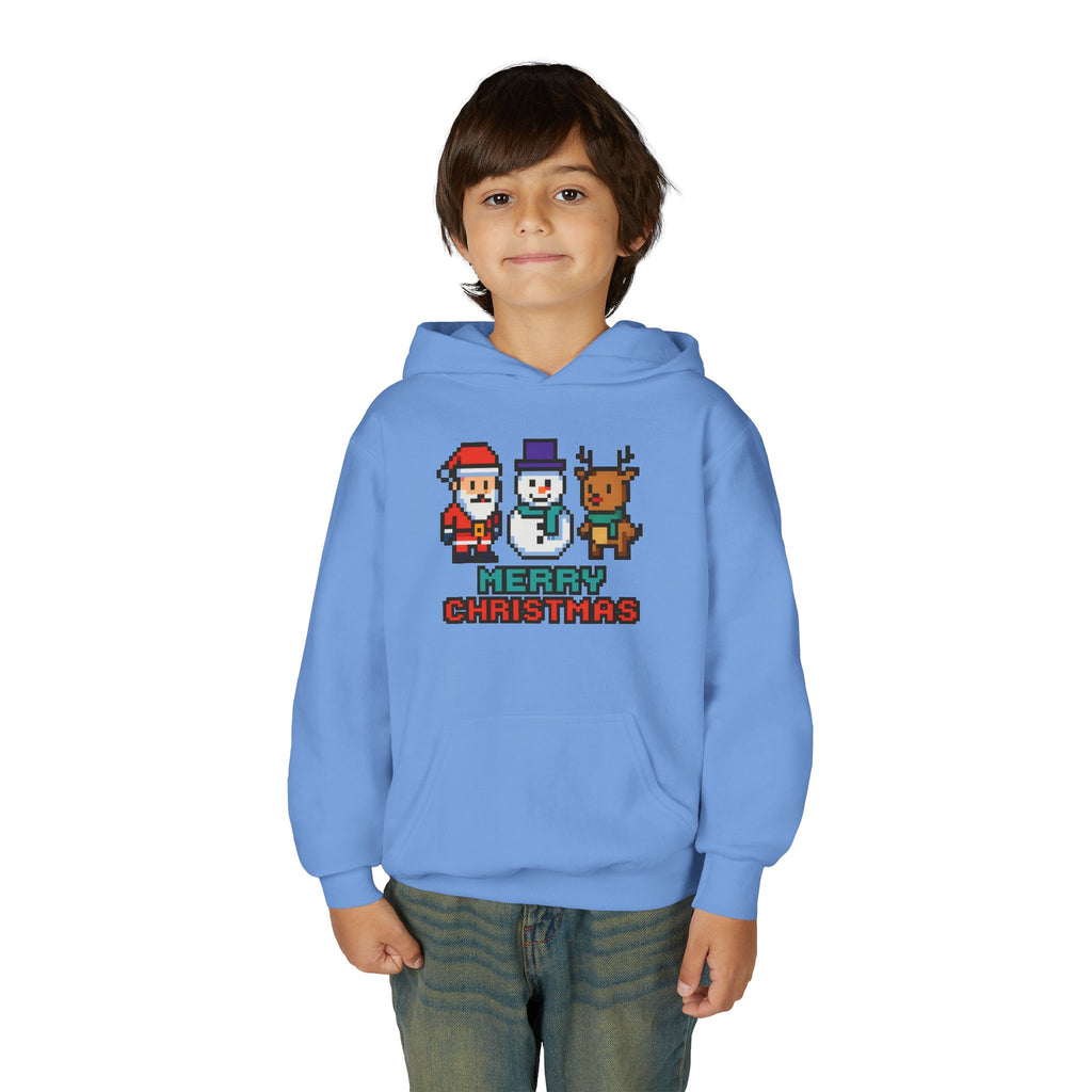 Youth Christmas Hoodie — Pixel Santa, Snowman & Reindeer "Merry Christmas"