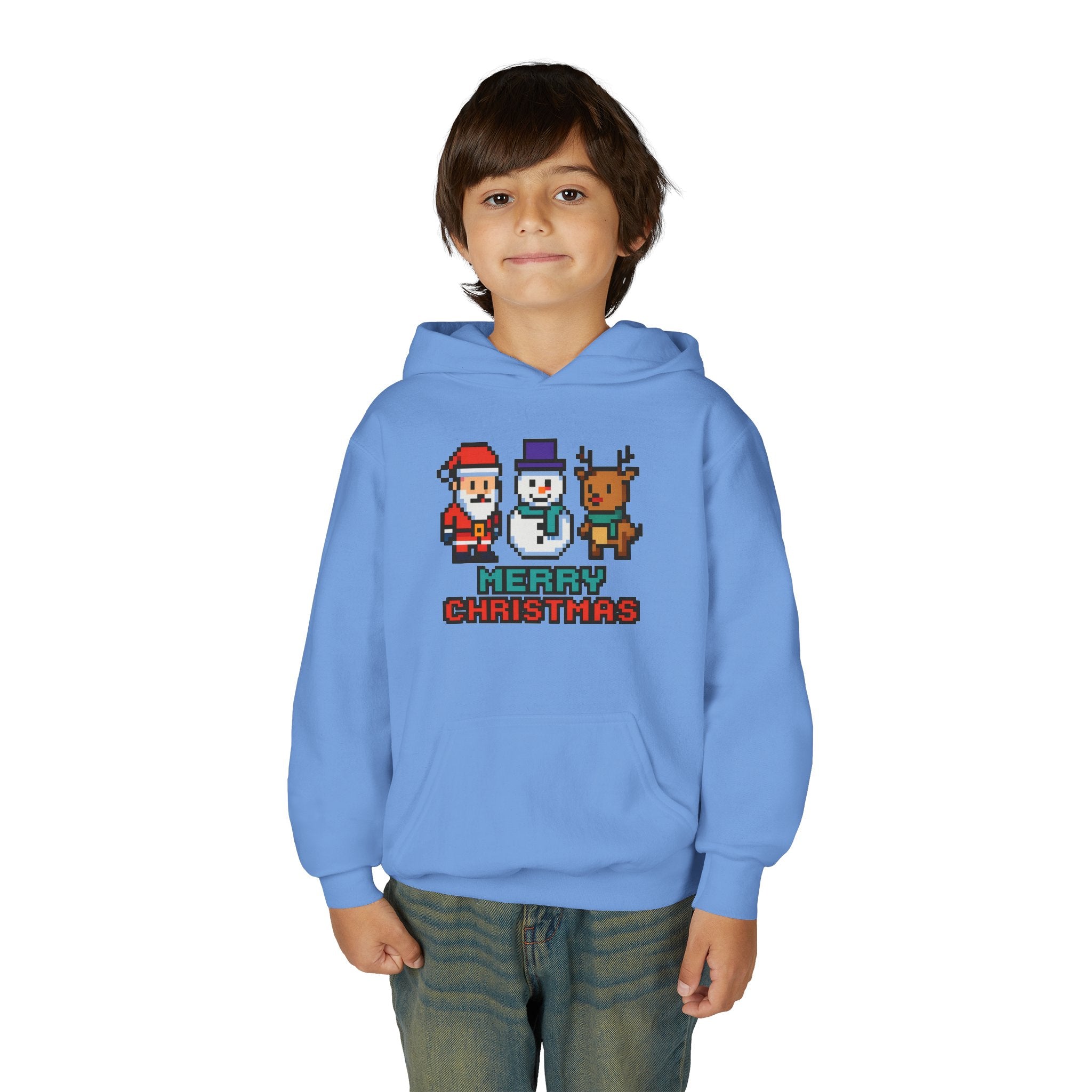 Youth Christmas Hoodie — Pixel Santa, Snowman & Reindeer "Merry Christmas"