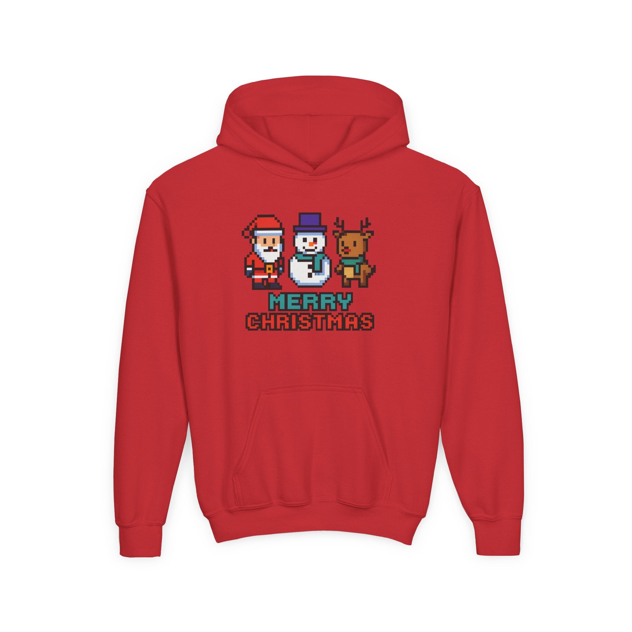 Youth Christmas Hoodie — Pixel Santa, Snowman & Reindeer "Merry Christmas"