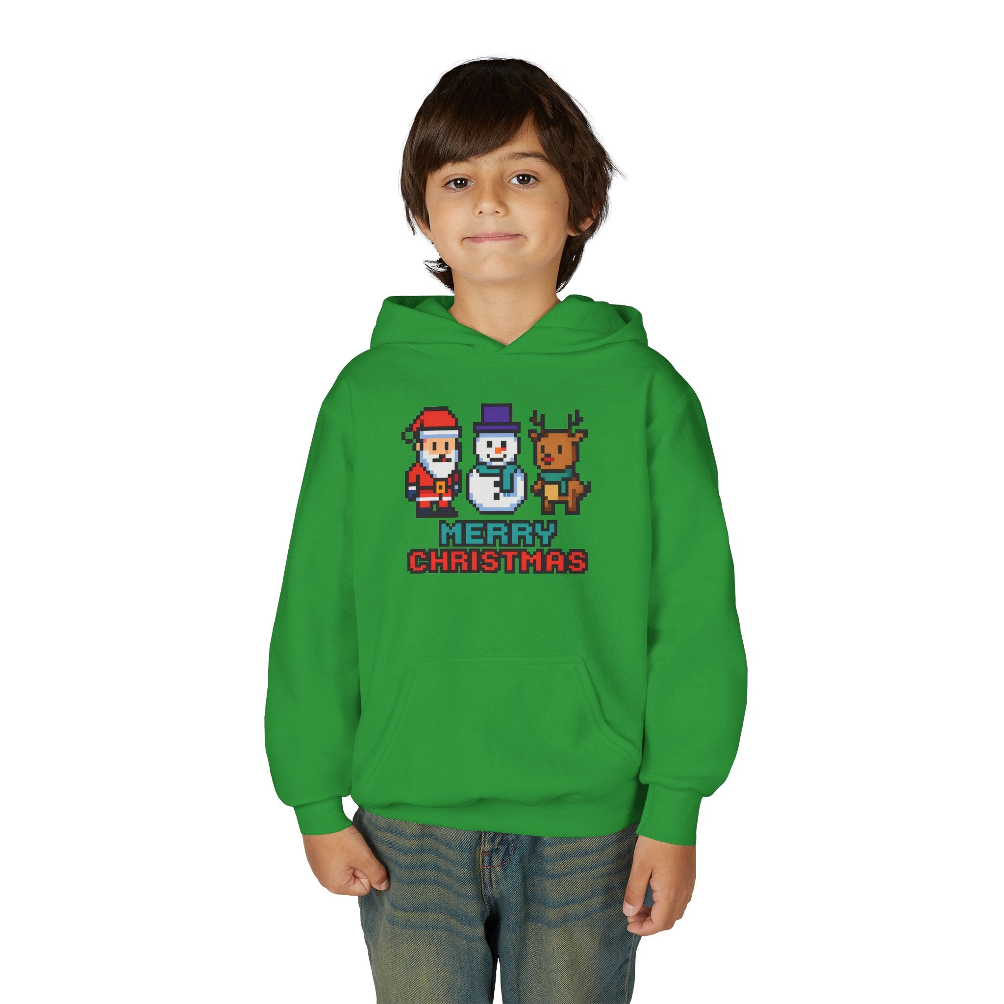 Youth Christmas Hoodie — Pixel Santa, Snowman & Reindeer "Merry Christmas"