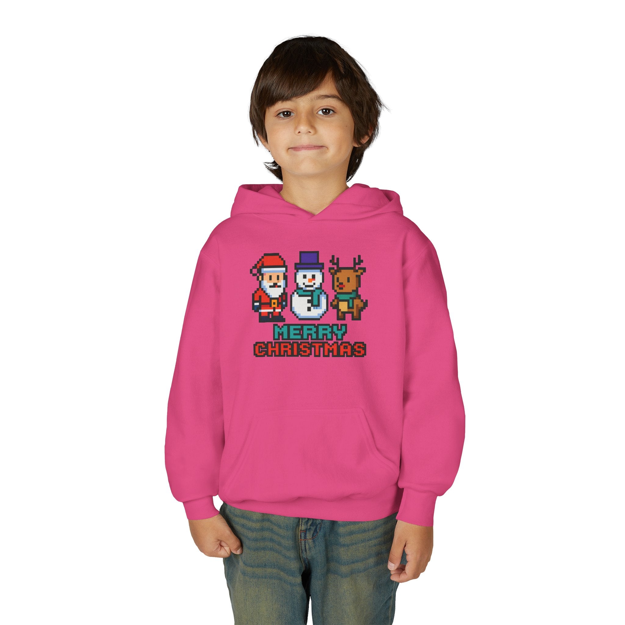 Youth Christmas Hoodie — Pixel Santa, Snowman & Reindeer "Merry Christmas"