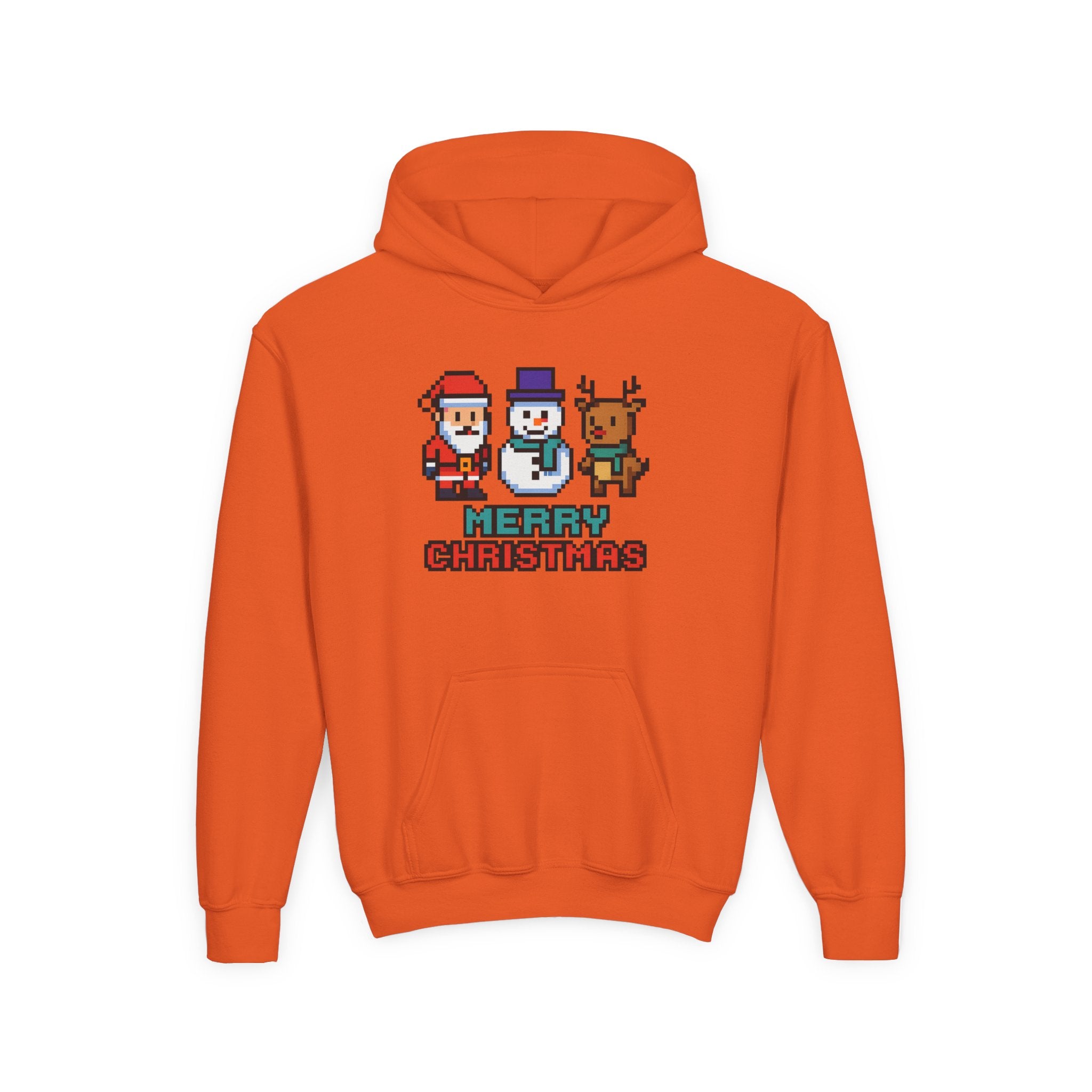 Youth Christmas Hoodie — Pixel Santa, Snowman & Reindeer "Merry Christmas"
