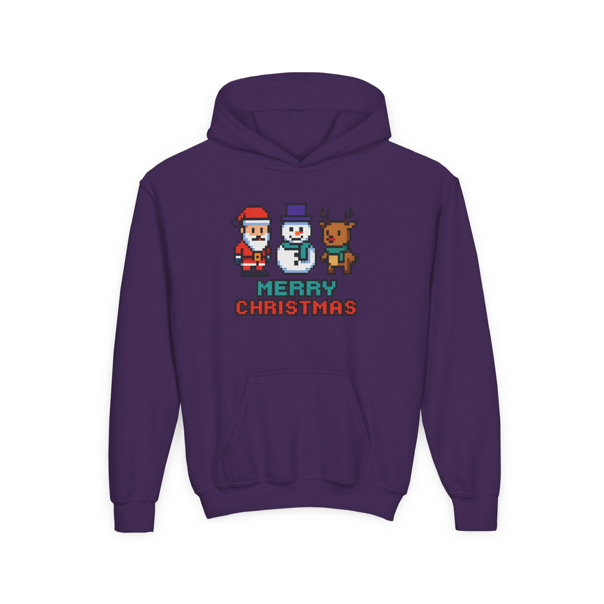 Youth Christmas Hoodie — Pixel Santa, Snowman & Reindeer "Merry Christmas"