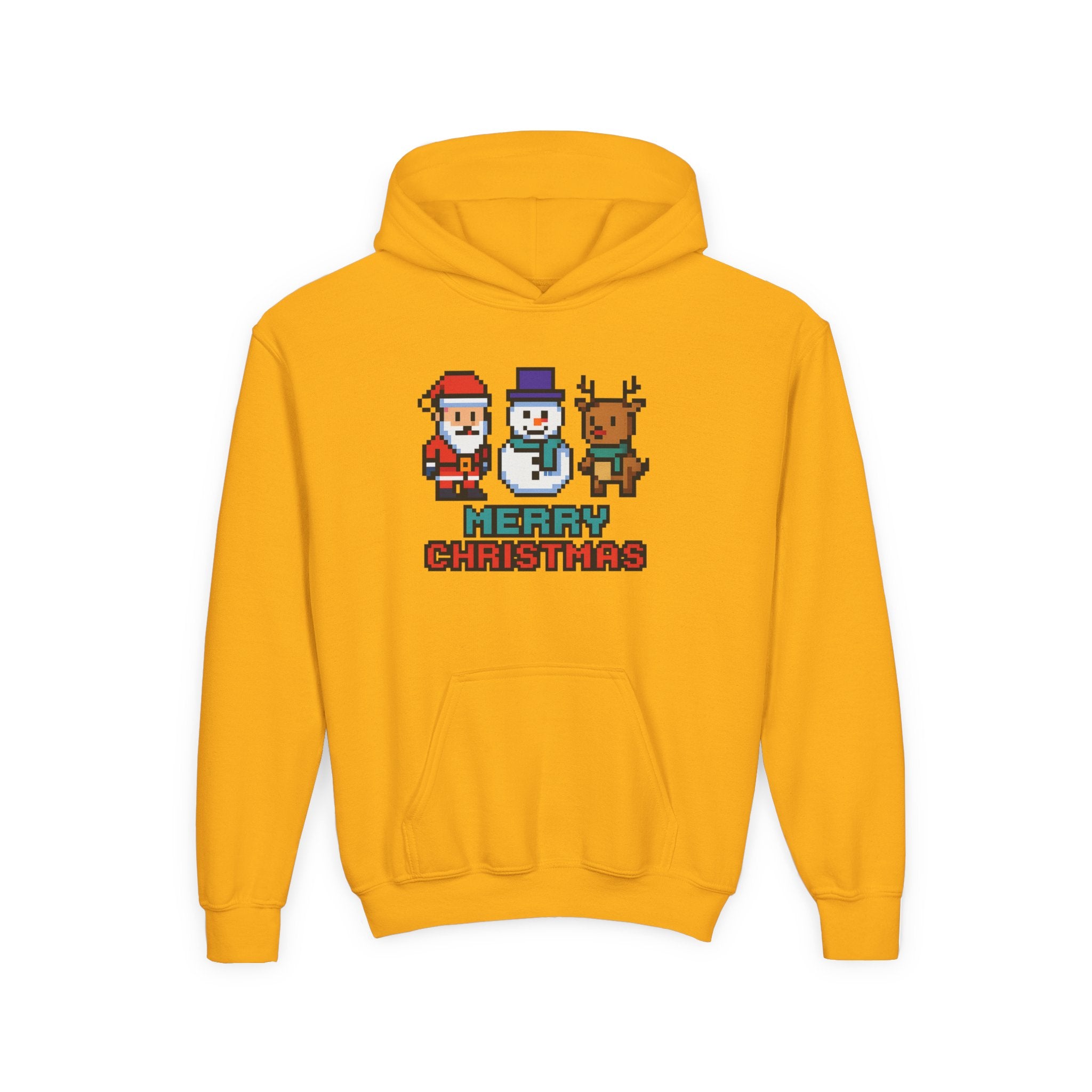 Youth Christmas Hoodie — Pixel Santa, Snowman & Reindeer "Merry Christmas"