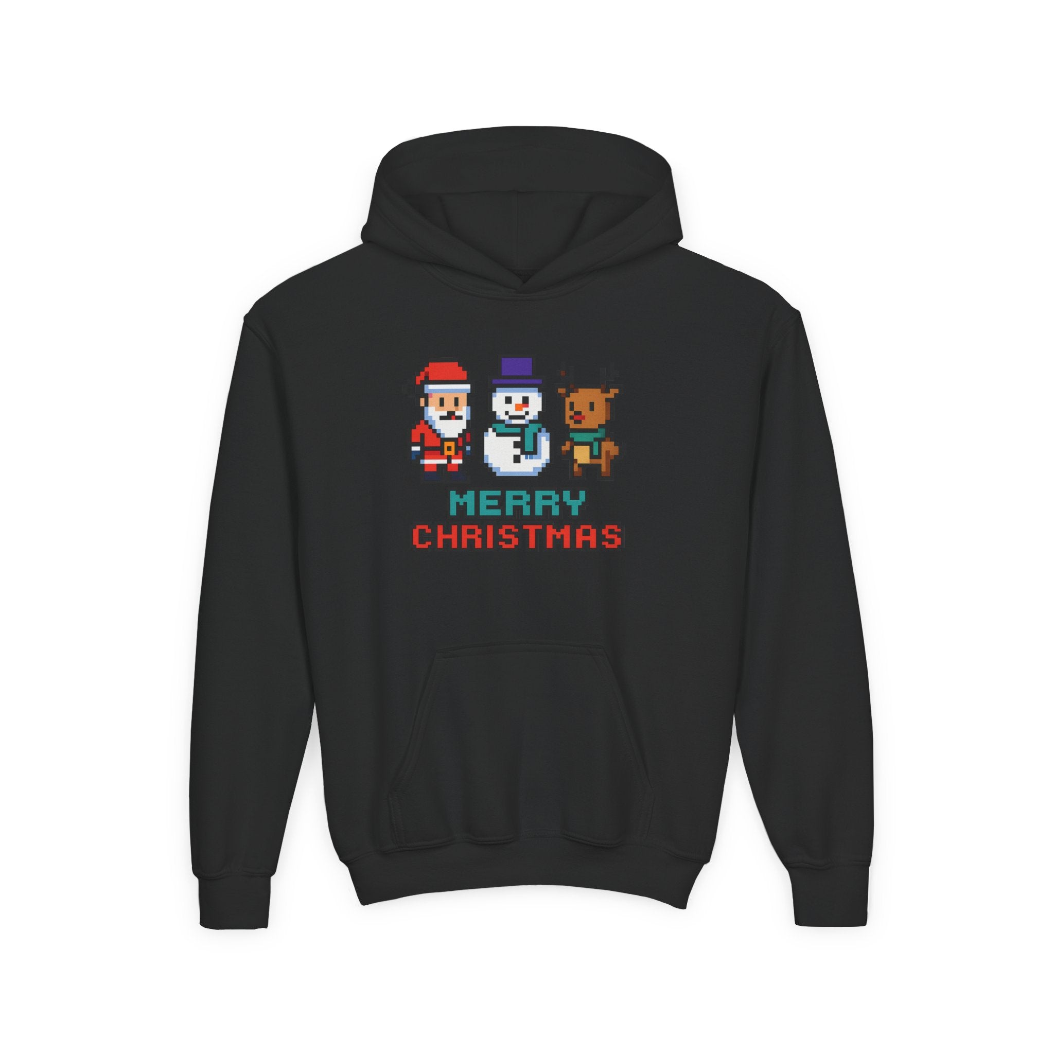Youth Christmas Hoodie — Pixel Santa, Snowman & Reindeer "Merry Christmas"