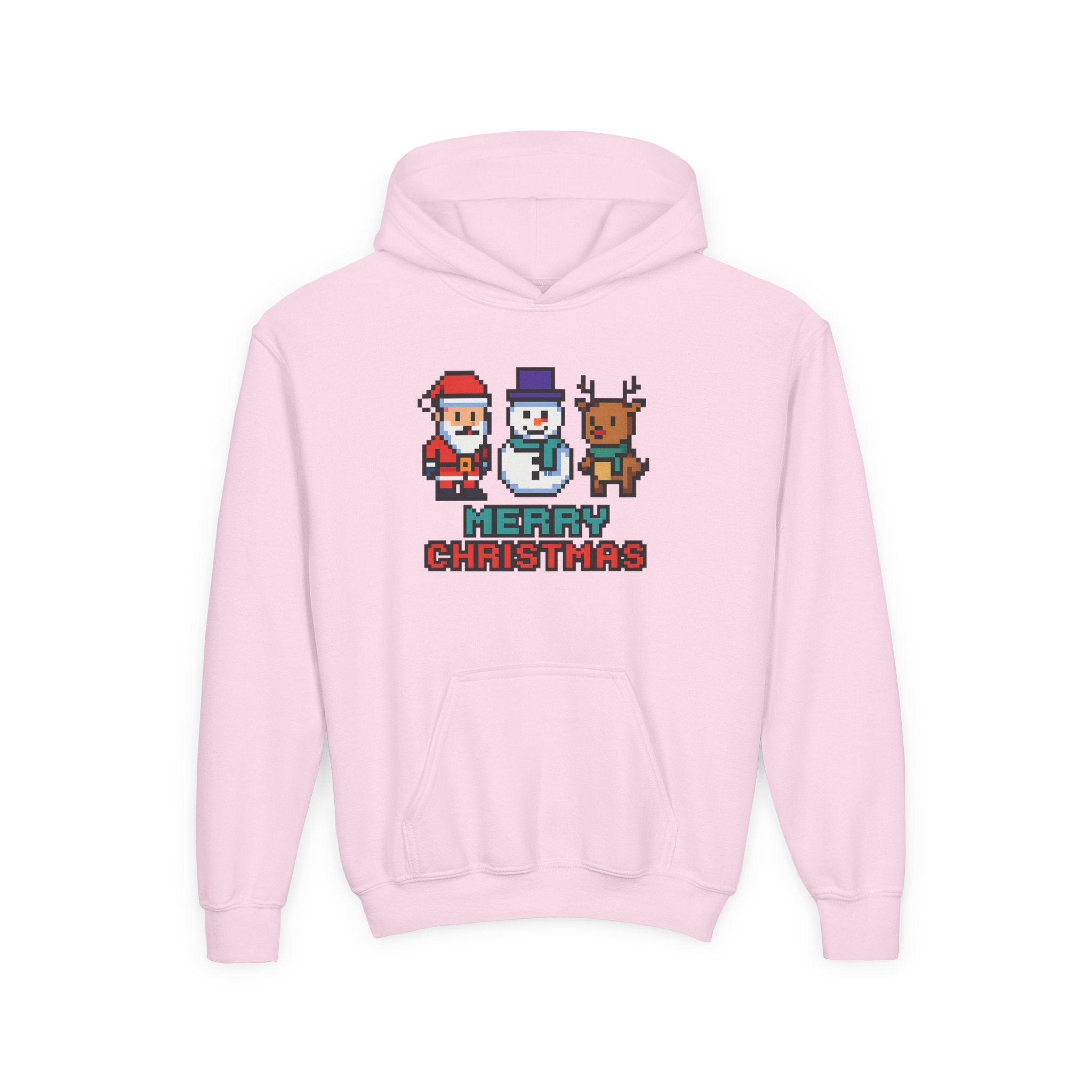 Youth Christmas Hoodie — Pixel Santa, Snowman & Reindeer "Merry Christmas"